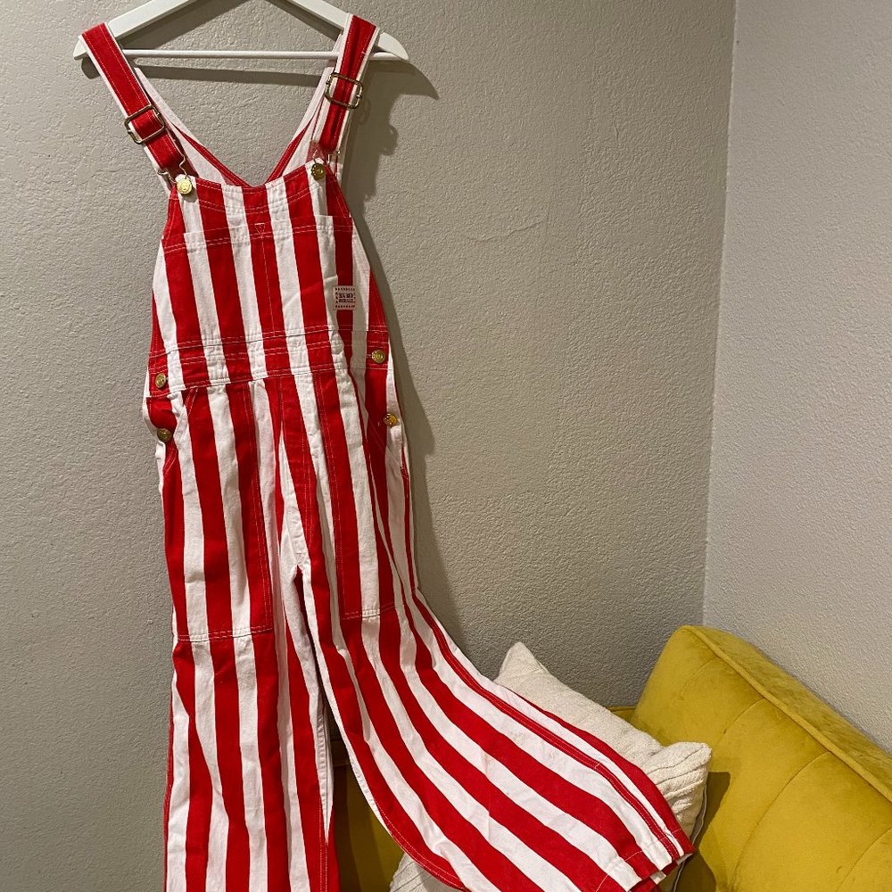 Red & White Stripped Big Bud Press Stripped Overalls, XS